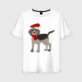 Женская футболка хлопок Oversize с принтом Новогодний Бигль в Санкт-Петербурге, 100% хлопок | свободный крой, круглый ворот, спущенный рукав, длина до линии бедер
 | 2021 | бигль | зима | зимняя собака | милый | нарядная собака | новогодний щенок | новый год | подарок | собака | собака в шапке | шарф | щенок | щенок с шарфом