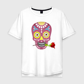 Мужская футболка хлопок Oversize с принтом Череп с розой в Санкт-Петербурге, 100% хлопок | свободный крой, круглый ворот, “спинка” длиннее передней части | деньмертвых | зубы | мексика | роза | скелет | хэллоуин | цветок | череп