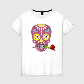 Женская футболка хлопок с принтом Череп с розой в Санкт-Петербурге, 100% хлопок | прямой крой, круглый вырез горловины, длина до линии бедер, слегка спущенное плечо | деньмертвых | зубы | мексика | роза | скелет | хэллоуин | цветок | череп