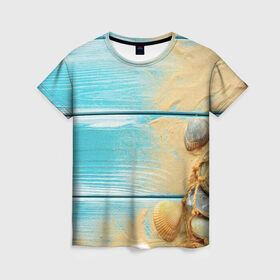 Женская футболка 3D с принтом ПИРС в Санкт-Петербурге, 100% полиэфир ( синтетическое хлопкоподобное полотно) | прямой крой, круглый вырез горловины, длина до линии бедер | доски | лето | море | песок | пирс | пляж | ракушки