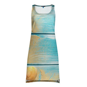 Платье-майка 3D с принтом ПИРС 2 в Санкт-Петербурге, 100% полиэстер | полуприлегающий силуэт, широкие бретели, круглый вырез горловины, удлиненный подол сзади. | дерево | лето | море | песок | пирс | пляж | ракушки