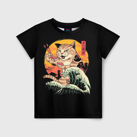 Детская футболка 3D с принтом Японский кот в Санкт-Петербурге, 100% гипоаллергенный полиэфир | прямой крой, круглый вырез горловины, длина до линии бедер, чуть спущенное плечо, ткань немного тянется | cat | кот | япония | японский кот