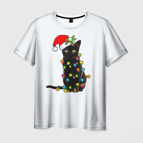 Мужская футболка 3D с принтом Новогодний кот в Санкт-Петербурге, 100% полиэфир | прямой крой, круглый вырез горловины, длина до линии бедер | 2021 | белка | гирлянда | год быка | дед мороз | елка | енот | кот | котик | лиса | маска | неон | новогодний кот | новогодняя | новый год | олень | праздник | радуга | рождество | с новым годом | санта