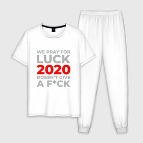 Мужская пижама хлопок с принтом 2020 Pray For Luck в Санкт-Петербурге, 100% хлопок | брюки и футболка прямого кроя, без карманов, на брюках мягкая резинка на поясе и по низу штанин
 | Тематика изображения на принте: 2020 | 2021 | coronavirus | covid | covid 19 | covid19 | new year | вирус | год | грипп | дед мороз | заражение | зима | карантин | клаус | корона | коронавирус | маска | новый год | пандемия | праздник | самоизоляция | санта