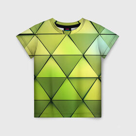 Детская футболка 3D с принтом Зелёные треугольники в Санкт-Петербурге, 100% гипоаллергенный полиэфир | прямой крой, круглый вырез горловины, длина до линии бедер, чуть спущенное плечо, ткань немного тянется | Тематика изображения на принте: геометрия | зелёный | текстура | треугольники | фигуры