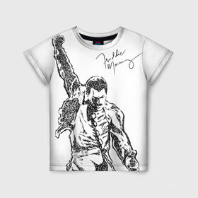 Детская футболка 3D с принтом Freddie Mercury в Санкт-Петербурге, 100% гипоаллергенный полиэфир | прямой крой, круглый вырез горловины, длина до линии бедер, чуть спущенное плечо, ткань немного тянется | freddie mercury | queen | автограф | квин | фредди меркьюри