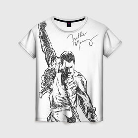 Женская футболка 3D с принтом Freddie Mercury в Санкт-Петербурге, 100% полиэфир ( синтетическое хлопкоподобное полотно) | прямой крой, круглый вырез горловины, длина до линии бедер | Тематика изображения на принте: freddie mercury | queen | автограф | квин | фредди меркьюри