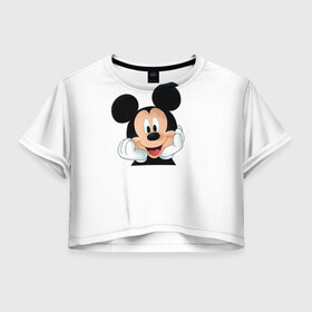 Женская футболка Crop-top 3D с принтом Футболка с Микки Маусом в Санкт-Петербурге, 100% полиэстер | круглая горловина, длина футболки до линии талии, рукава с отворотами | disney | белая футболка