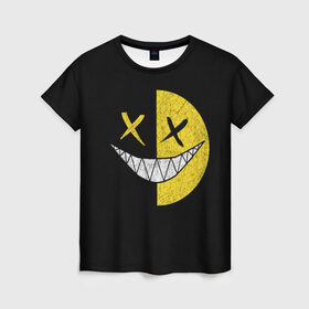 Женская футболка 3D с принтом SMILE в Санкт-Петербурге, 100% полиэфир ( синтетическое хлопкоподобное полотно) | прямой крой, круглый вырез горловины, длина до линии бедер | глаза крестики | злой смайл | зубы | контраст | смайл | эмоция