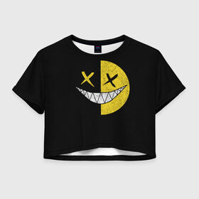 Женская футболка Crop-top 3D с принтом SMILE в Санкт-Петербурге, 100% полиэстер | круглая горловина, длина футболки до линии талии, рукава с отворотами | глаза крестики | злой смайл | зубы | контраст | смайл | эмоция