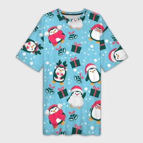 Платье-футболка 3D с принтом Новогодние Пингвины в Санкт-Петербурге,  |  | 2021 | белка | гирлянда | год быка | дед мороз | детская | дочка | елка | енот | кот | котик | лиса | маска | милая | неон | новогодняя | новый год | олень | паттерн | пингвин | подарок | праздник | радуга