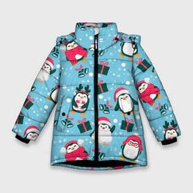 Зимняя куртка для девочек 3D с принтом Новогодние Пингвины в Санкт-Петербурге, ткань верха — 100% полиэстер; подклад — 100% полиэстер, утеплитель — 100% полиэстер. | длина ниже бедра, удлиненная спинка, воротник стойка и отстегивающийся капюшон. Есть боковые карманы с листочкой на кнопках, утяжки по низу изделия и внутренний карман на молнии. 

Предусмотрены светоотражающий принт на спинке, радужный светоотражающий элемент на пуллере молнии и на резинке для утяжки. | Тематика изображения на принте: 2021 | белка | гирлянда | год быка | дед мороз | детская | дочка | елка | енот | кот | котик | лиса | маска | милая | неон | новогодняя | новый год | олень | паттерн | пингвин | подарок | праздник | радуга