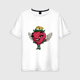 Женская футболка хлопок Oversize с принтом Ангельская клубника в Санкт-Петербурге, 100% хлопок | свободный крой, круглый ворот, спущенный рукав, длина до линии бедер
 | ангел | арт | белые крылья | клубника | крылья | рисунок | супер | супер герой | супер персонаж