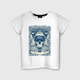 Детская футболка хлопок с принтом Пиратская картина в Санкт-Петербурге, 100% хлопок | круглый вырез горловины, полуприлегающий силуэт, длина до линии бедер | арт | вектор | гот | готический рисунок | готическое | перо | перья | пират | пиратская картина | повязка | рисунок | синий | череп