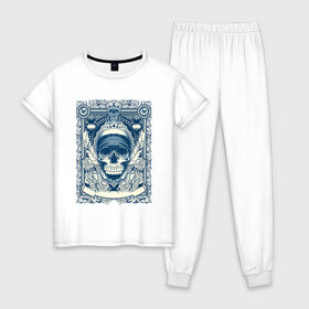 Женская пижама хлопок с принтом Пиратская картина в Санкт-Петербурге, 100% хлопок | брюки и футболка прямого кроя, без карманов, на брюках мягкая резинка на поясе и по низу штанин | арт | вектор | гот | готический рисунок | готическое | перо | перья | пират | пиратская картина | повязка | рисунок | синий | череп