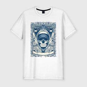 Мужская футболка хлопок Slim с принтом Пиратская картина в Санкт-Петербурге, 92% хлопок, 8% лайкра | приталенный силуэт, круглый вырез ворота, длина до линии бедра, короткий рукав | арт | вектор | гот | готический рисунок | готическое | перо | перья | пират | пиратская картина | повязка | рисунок | синий | череп