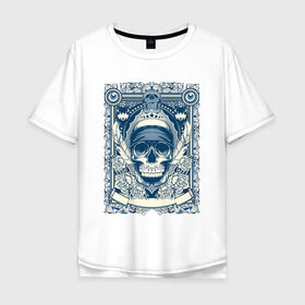 Мужская футболка хлопок Oversize с принтом Пиратская картина в Санкт-Петербурге, 100% хлопок | свободный крой, круглый ворот, “спинка” длиннее передней части | Тематика изображения на принте: арт | вектор | гот | готический рисунок | готическое | перо | перья | пират | пиратская картина | повязка | рисунок | синий | череп