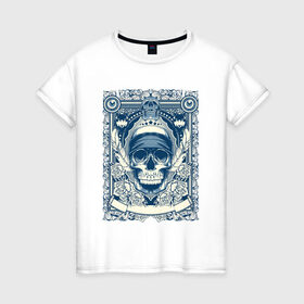 Женская футболка хлопок с принтом Пиратская картина в Санкт-Петербурге, 100% хлопок | прямой крой, круглый вырез горловины, длина до линии бедер, слегка спущенное плечо | арт | вектор | гот | готический рисунок | готическое | перо | перья | пират | пиратская картина | повязка | рисунок | синий | череп