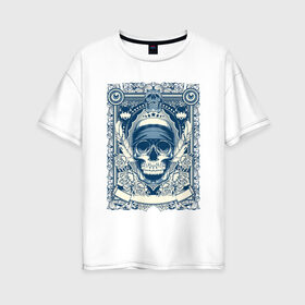 Женская футболка хлопок Oversize с принтом Пиратская картина в Санкт-Петербурге, 100% хлопок | свободный крой, круглый ворот, спущенный рукав, длина до линии бедер
 | арт | вектор | гот | готический рисунок | готическое | перо | перья | пират | пиратская картина | повязка | рисунок | синий | череп