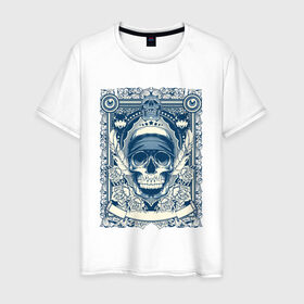 Мужская футболка хлопок с принтом Пиратская картина в Санкт-Петербурге, 100% хлопок | прямой крой, круглый вырез горловины, длина до линии бедер, слегка спущенное плечо. | арт | вектор | гот | готический рисунок | готическое | перо | перья | пират | пиратская картина | повязка | рисунок | синий | череп