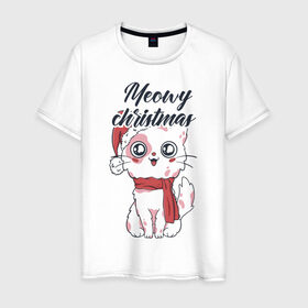 Мужская футболка хлопок с принтом Рождественский котик в Санкт-Петербурге, 100% хлопок | прямой крой, круглый вырез горловины, длина до линии бедер, слегка спущенное плечо. | 