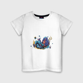 Детская футболка хлопок с принтом Мечтательная рыба в Санкт-Петербурге, 100% хлопок | круглый вырез горловины, полуприлегающий силуэт, длина до линии бедер | Тематика изображения на принте: аквариум | арт | космос | мечта | мечтатель | невесомость | парение | рисунок | рыба | художник
