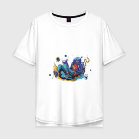 Мужская футболка хлопок Oversize с принтом Мечтательная рыба в Санкт-Петербурге, 100% хлопок | свободный крой, круглый ворот, “спинка” длиннее передней части | аквариум | арт | космос | мечта | мечтатель | невесомость | парение | рисунок | рыба | художник