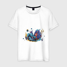 Мужская футболка хлопок с принтом Мечтательная рыба в Санкт-Петербурге, 100% хлопок | прямой крой, круглый вырез горловины, длина до линии бедер, слегка спущенное плечо. | аквариум | арт | космос | мечта | мечтатель | невесомость | парение | рисунок | рыба | художник