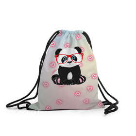 Рюкзак-мешок 3D с принтом Милая пандочка  в Санкт-Петербурге, 100% полиэстер | плотность ткани — 200 г/м2, размер — 35 х 45 см; лямки — толстые шнурки, застежка на шнуровке, без карманов и подкладки | маленькая панда | маленькая пандочк | милая панда | милая пандочка | панда | панда в красных очках | панда в очках | панда очки | панда сердечки | панда сердце | пандочка | пандочка в красных очках