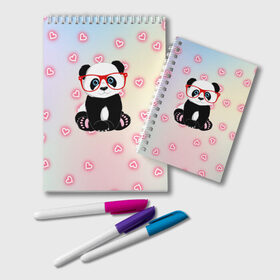 Блокнот с принтом Милая пандочка в Санкт-Петербурге, 100% бумага | 48 листов, плотность листов — 60 г/м2, плотность картонной обложки — 250 г/м2. Листы скреплены удобной пружинной спиралью. Цвет линий — светло-серый
 | Тематика изображения на принте: маленькая панда | маленькая пандочк | милая панда | милая пандочка | панда | панда в красных очках | панда в очках | панда очки | панда сердечки | панда сердце | пандочка | пандочка в красных очках