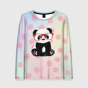 Женский лонгслив 3D с принтом Милая пандочка  в Санкт-Петербурге, 100% полиэстер | длинные рукава, круглый вырез горловины, полуприлегающий силуэт | маленькая панда | маленькая пандочк | милая панда | милая пандочка | панда | панда в красных очках | панда в очках | панда очки | панда сердечки | панда сердце | пандочка | пандочка в красных очках