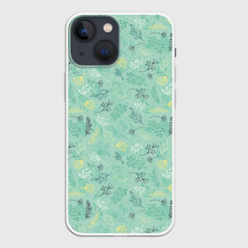 Чехол для iPhone 13 mini с принтом Гербарий в Санкт-Петербурге,  |  | blue | dried flowers | flowers | fruits | leaves | pattern | seeds | листья | плоды | семена | сухоцветы | узор | цветы