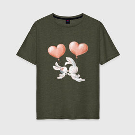 Женская футболка хлопок Oversize с принтом Пара влюбленных зайчиков в Санкт-Петербурге, 100% хлопок | свободный крой, круглый ворот, спущенный рукав, длина до линии бедер
 | зайчики | любовь | пара | розовый | сердце | серый | шарики