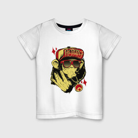 Детская футболка хлопок с принтом Крутая обезьяна в Санкт-Петербурге, 100% хлопок | круглый вырез горловины, полуприлегающий силуэт, длина до линии бедер | арт | блеск | золотой кулон | кепка | крутая | круто | кулон | обезьяна | очки | рисунок