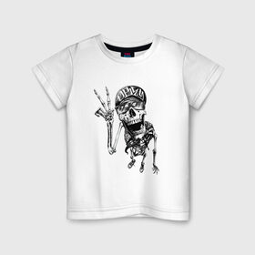 Детская футболка хлопок с принтом Скелет в Санкт-Петербурге, 100% хлопок | круглый вырез горловины, полуприлегающий силуэт, длина до линии бедер | арт | весёлый скелет | гот | готика | готическое | зомби | кепка | молодой | очки | рисунок | скелет