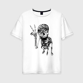 Женская футболка хлопок Oversize с принтом Скелет в Санкт-Петербурге, 100% хлопок | свободный крой, круглый ворот, спущенный рукав, длина до линии бедер
 | арт | весёлый скелет | гот | готика | готическое | зомби | кепка | молодой | очки | рисунок | скелет