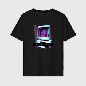 Женская футболка хлопок Oversize с принтом Vaporwave Kizaru Mac в Санкт-Петербурге, 100% хлопок | свободный крой, круглый ворот, спущенный рукав, длина до линии бедер
 | album | born to trap | haunted family | hip hop | karmageddon | music | neon | retro | retrowave | spain | trend | yvn kxx | альбом | испания | кизару | музыка | неон | реп | ретровейв | рожденный | рэп | стиль | тренд | треп 