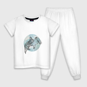 Детская пижама хлопок с принтом Акула-молот в Санкт-Петербурге, 100% хлопок |  брюки и футболка прямого кроя, без карманов, на брюках мягкая резинка на поясе и по низу штанин
 | circle | graphics | moon | shark | watercolor | акварель | акула | графика | круг | луна