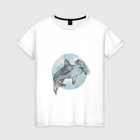 Женская футболка хлопок с принтом Акула-молот в Санкт-Петербурге, 100% хлопок | прямой крой, круглый вырез горловины, длина до линии бедер, слегка спущенное плечо | circle | graphics | moon | shark | watercolor | акварель | акула | графика | круг | луна