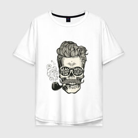 Мужская футболка хлопок Oversize с принтом Стильный барбер в Санкт-Петербурге, 100% хлопок | свободный крой, круглый ворот, “спинка” длиннее передней части | barber | pipe | skull | smoke | барбер | дым | очки | трубка | череп