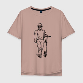 Мужская футболка хлопок Oversize с принтом Самокатер в Санкт-Петербурге, 100% хлопок | свободный крой, круглый ворот, “спинка” длиннее передней части | крутой | самокат | чёрно белый