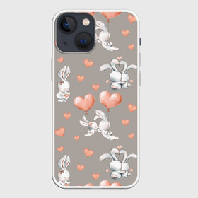 Чехол для iPhone 13 mini с принтом Влюбленные в Санкт-Петербурге,  |  | влюбленные | зайчики | пара | розовый | сердце | серый | шарики