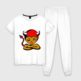 Женская пижама хлопок с принтом Дьяволица в Санкт-Петербурге, 100% хлопок | брюки и футболка прямого кроя, без карманов, на брюках мягкая резинка на поясе и по низу штанин | devil | дьявол | дьяволица | черт | чертенок