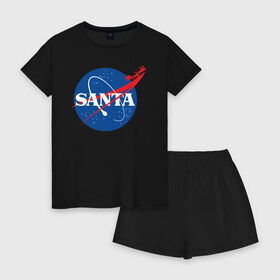 Женская пижама с шортиками хлопок с принтом SANTA \ NASA. в Санкт-Петербурге, 100% хлопок | футболка прямого кроя, шорты свободные с широкой мягкой резинкой | 