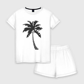 Женская пижама с шортиками хлопок с принтом Пальма в Санкт-Петербурге, 100% хлопок | футболка прямого кроя, шорты свободные с широкой мягкой резинкой | palm | дерево | жаркие страны | кокосы | море | отдых | черно белый | черный | экзотика