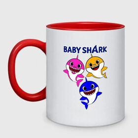 Кружка двухцветная с принтом Baby Shark в Санкт-Петербурге, керамика | объем — 330 мл, диаметр — 80 мм. Цветная ручка и кайма сверху, в некоторых цветах — вся внутренняя часть | baby | baby shark | shark | акула | анимация | бэби | бэби шарк | дети | мультфильм | песня | ребенок | шарк