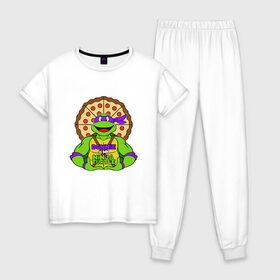 Женская пижама хлопок с принтом Donnie в Санкт-Петербурге, 100% хлопок | брюки и футболка прямого кроя, без карманов, на брюках мягкая резинка на поясе и по низу штанин | Тематика изображения на принте: donatello | leonardo | michelangelo | ninja | pizza | raphael | turtles | воин | донателло | животные | карате | комикс | комиксы | леонардо | микеланджело | мультфильм | мутант | мутанты | ниндзя | пицца | рафаэль | сплинтер