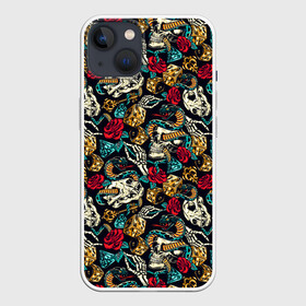 Чехол для iPhone 13 с принтом Hardcore tattoo в Санкт-Петербурге,  |  | colorful | skull | snake | tattoo | vintage | винтаж | змеи | игральные | кости | скелет | тату | цветной | цветы | черепа