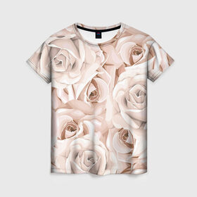 Женская футболка 3D с принтом Элегантность в Санкт-Петербурге, 100% полиэфир ( синтетическое хлопкоподобное полотно) | прямой крой, круглый вырез горловины, длина до линии бедер | беж | нежно | пастельный | роза | цветок | элегантно