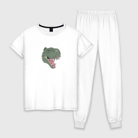 Женская пижама хлопок с принтом Тирекс в Санкт-Петербурге, 100% хлопок | брюки и футболка прямого кроя, без карманов, на брюках мягкая резинка на поясе и по низу штанин | dinosaur | аллозар | арт | белый | вымершие | динозавр | диплодок | животные | завр | зелёный | зубы | картинка | красный | кровь | мегалозавр | рисунок | тарбозавр | тарбозар | тираннозавр | тирекс | хищник